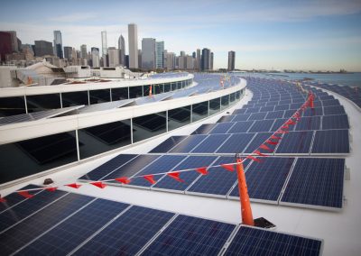 Solar panels on the roof of the Shedd Aquarium in Chicago and view of Chicago skyline