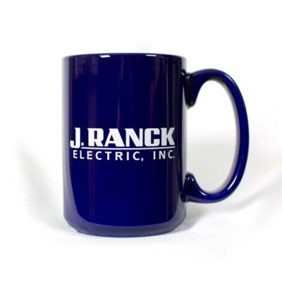 Blue coffee mug with J. Ranck Electric logo